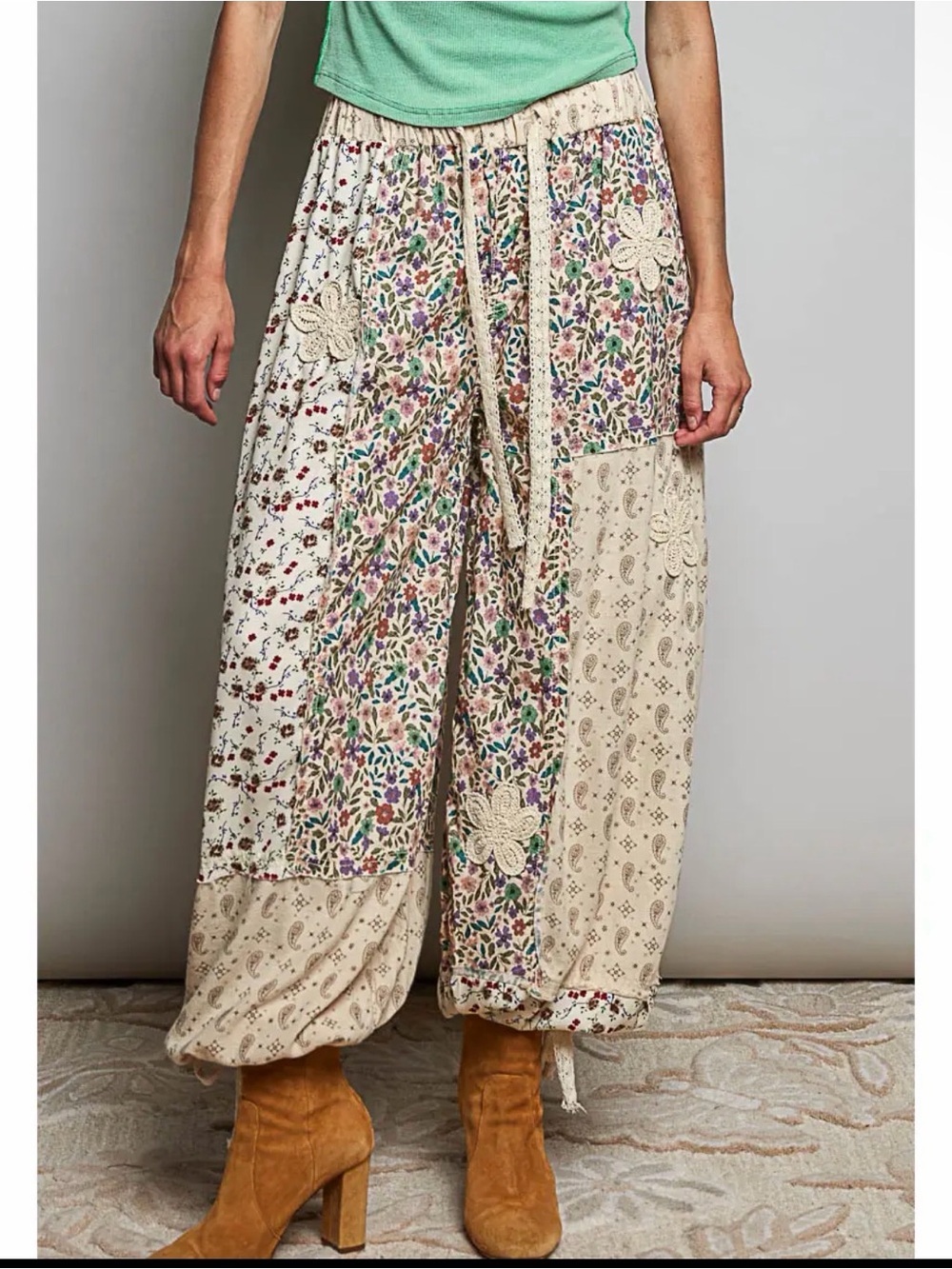 POL NWT Boho Patchwork WideLeg Pants Crochet Cream Multicolor Floral FALL WINTER